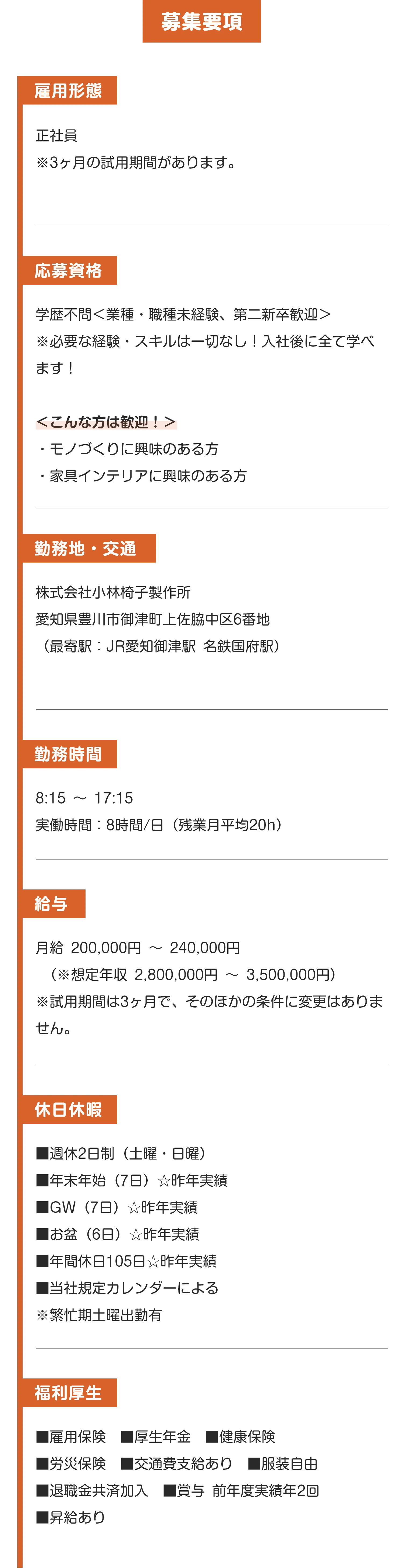 募集要項


雇用形態

正社員
※3ヶ月の試用期間があります。
（各種保険、給料は変わりません）


応募資格

学歴不問＜業種・職種未経験、第二新卒歓迎＞
※必要な経験・スキルは一切なし！入社後に全て学べます！

＜こんな方は歓迎！＞
・モノづくりに興味のある方
・家具インテリアに興味のある方


勤務地・交通

株式会社小林椅子製作所
愛知県豊川市御津町上佐脇中区6番地
（最寄駅：JR愛知御津駅 名鉄国府駅）
※転勤なし　JR愛知御津駅徒歩15分


勤務時間

8:15 ～ 17:15　
実働時間：8時間/日（残業月平均20h）


給与

月給 200,000円 ～ 240,000円
 （※想定年収 2,800,000円 ～ 3,500,000円）
※試用期間は3ヶ月で、そのほかの条件に変更はありません。


休日休暇

■週休2日制（土曜・日曜）
■年末年始（7日）☆昨年実績
■GW（7日）☆昨年実績
■お盆（6日）☆昨年実績
■年間休日105日☆昨年実績
■当社規定カレンダーによる
※繁忙期土曜出勤有


福利厚生

■雇用保険　■厚生年金　■健康保険
■労災保険　■交通費支給あり　■服装自由
■退職金共済加入　■賞与 前年度実績年2回
■昇給あり